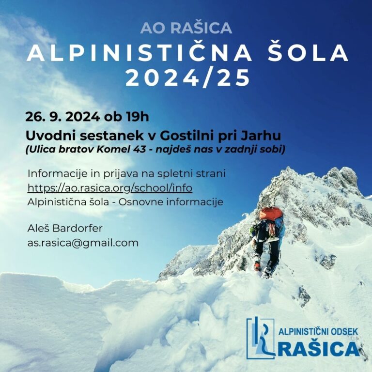 Vabilo na alpinistično šolo AO Rašica 2024/25 z uvodnim sestankom.